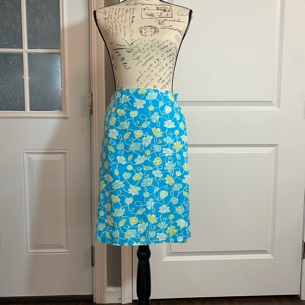 Talbots Turquoise Blue & Yellow Floral 100%‎ Cotton A-line Wrap Skirt 16 F